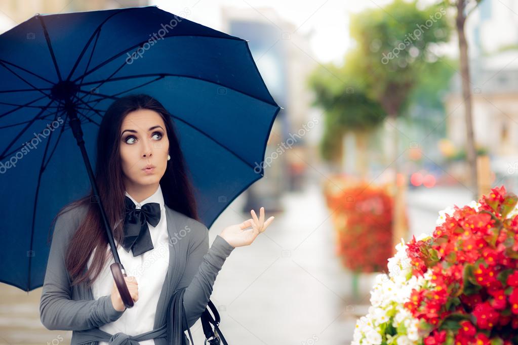 Curious Woman Holding  Umbrella Checking for Rain