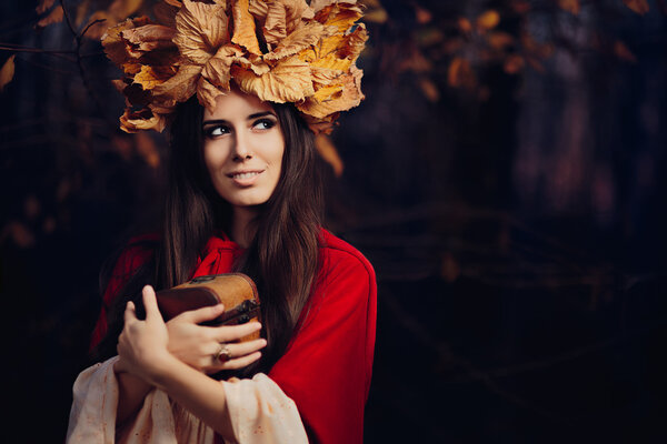 Portrait of a fall princess with foliage wreath with jewelry case