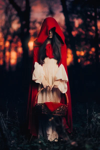 Mysterieuze Little Red Riding Hood in het bos — Stockfoto