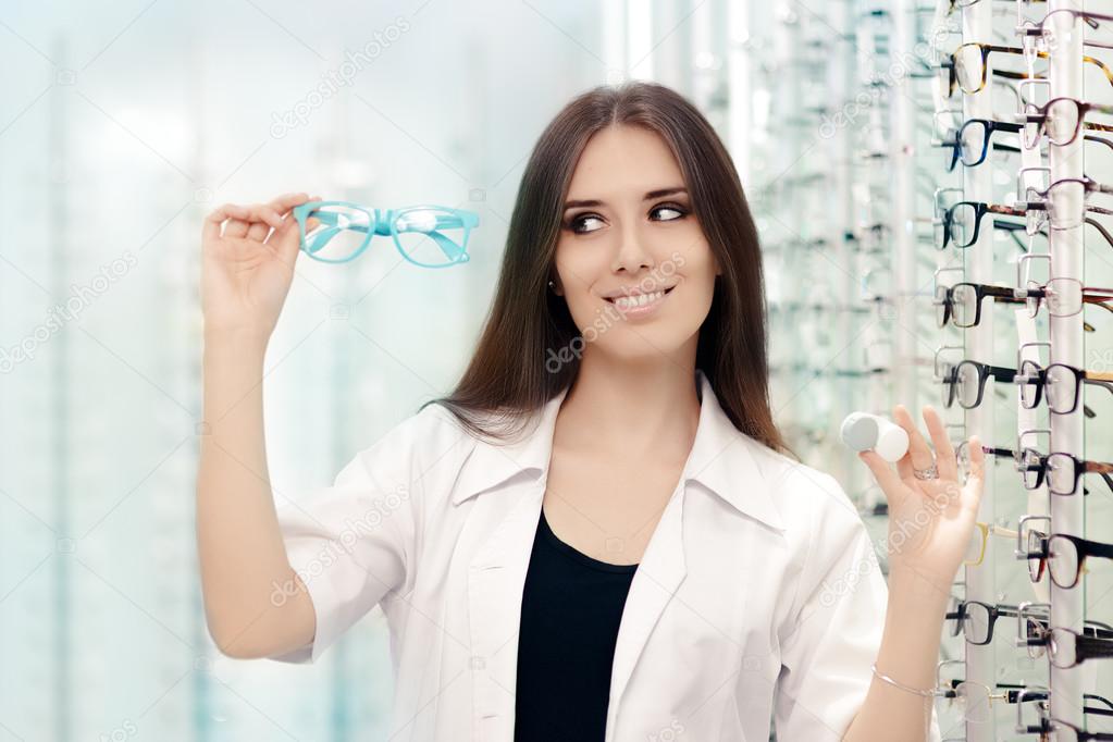 Happy Optician Choosing between Glasses and Contact Lenses