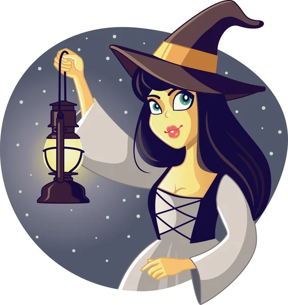 Krásný Halloween čarodějnice drží lucernu ilustrace — Stockový vektor