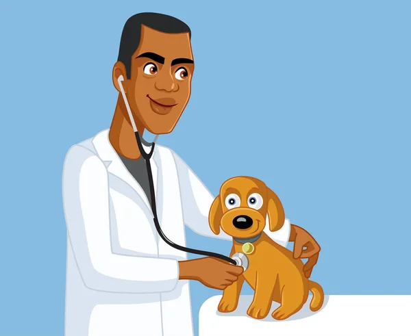 African Veterinarian Examining Cute Dog — Stock Vector