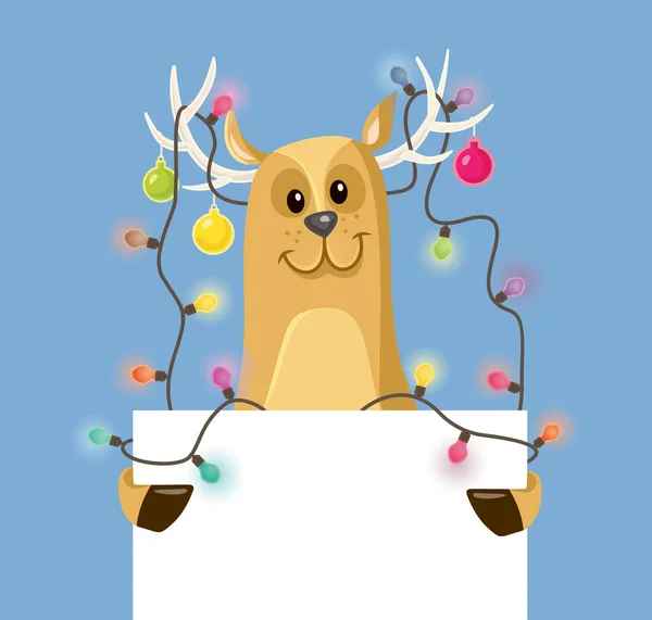 Funny Reindeer Holding Empty Banner Sign Christmas — Stock Vector