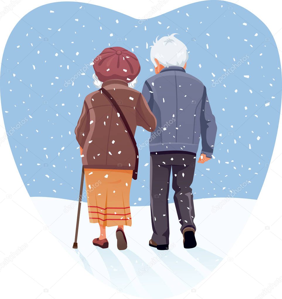  Senior Couple Walking Through Snow in Winter