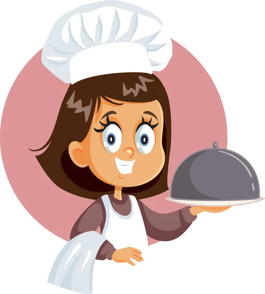 Cute Little Chef Girl Holding Cloche Platter — Stock Vector