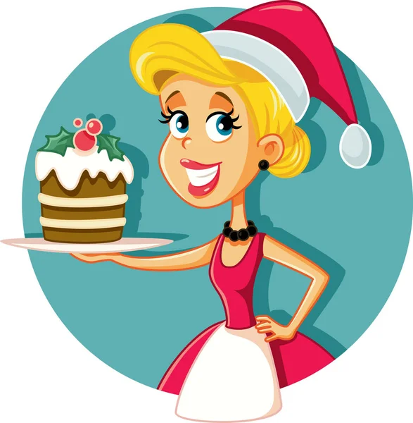 Happy Female Home Cook Holding Christmas Cake — Stock Vector