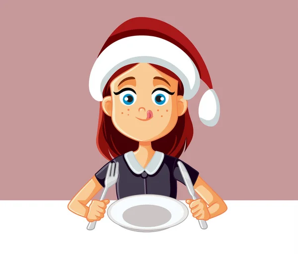 空腹の女の子クリスマスディナーで食べる準備ができて — ストックベクタ