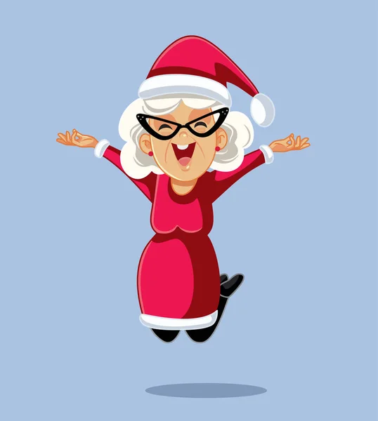 Cheerful Mrs Claus Jumping Excitement — Stock Vector