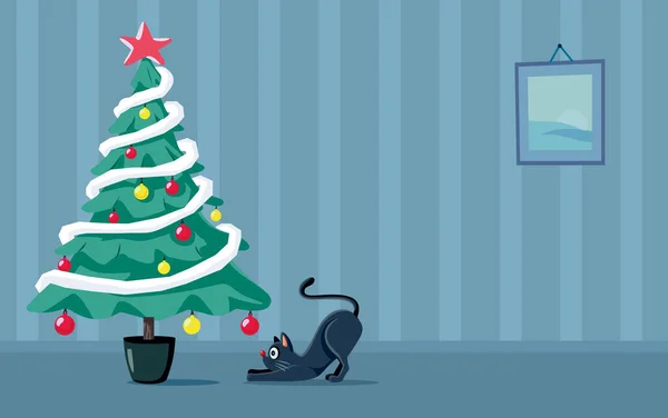 Playful Cat Looking Christmas Tree Vector Cartoon — 스톡 벡터