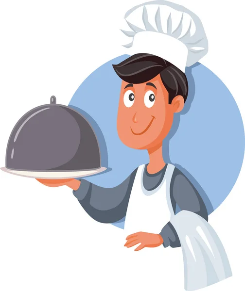 Male Chef Holding Cloche Platter — Stock Vector