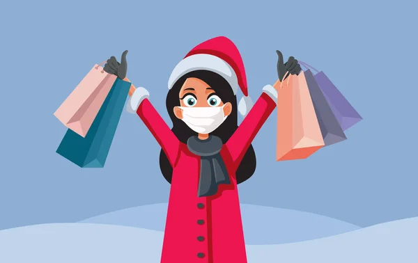 Mulher Vestindo Máscara Facial Compras Para Natal —  Vetores de Stock