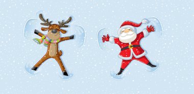 Noel Baba ve Ren Geyiği Noel 'i Kutlayan Kar Melekleri Yapıyor