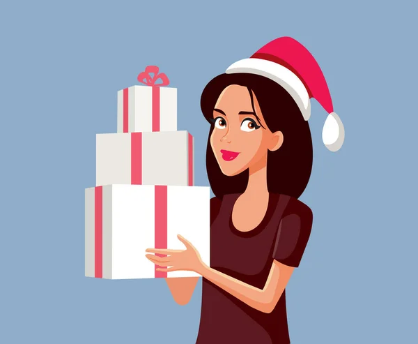 Mujer Feliz Celebrando Regalos Navidad — Vector de stock