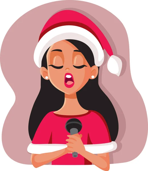 Donna Che Indossa Santa Cappello Cantando Canzone Natale — Vettoriale Stock