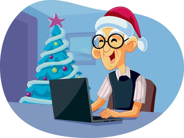 Opa Nutzt Laptop Für Weihnachtseinkäufe — Stockvektor