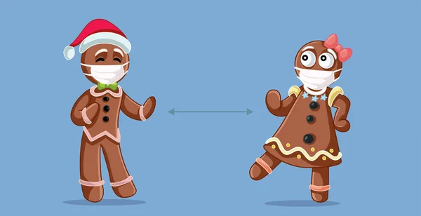 圣诞姜饼人在大流行病期间的社会疏远 — 图库矢量图片