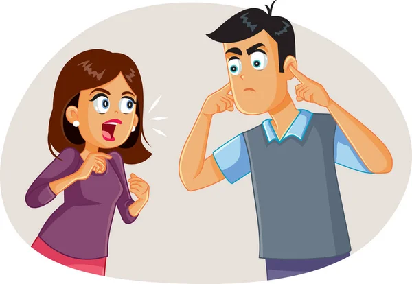 Дружина Сперечається Чоловіком Поки Він Закриває Вуха — стоковий вектор