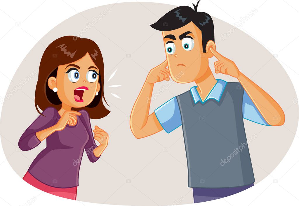 Wife Arguing with Husband While He Covers His Ears