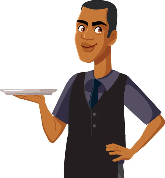 Happy Waiter Holding Tray Vector Illustration — Stock Vector