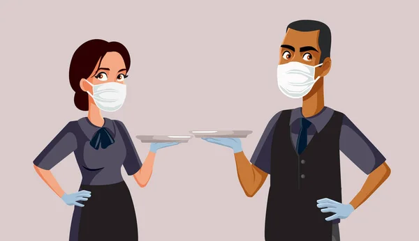 Servitører Med Beskyttende Ansiktsmaske Arbeidsplassen – stockvektor