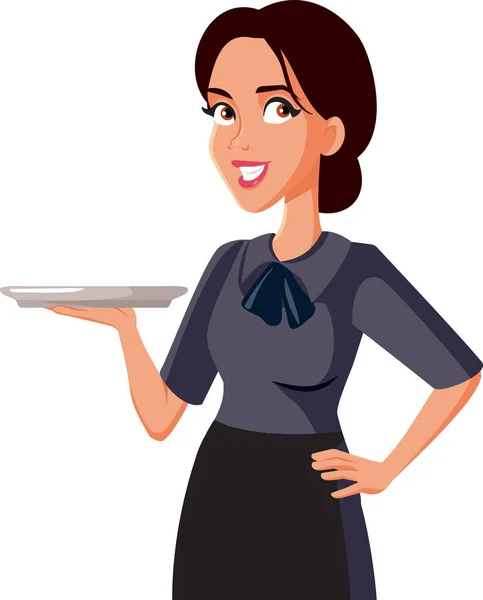 Happy Waitress Holding Tray Vector Illustration - Stok Vektor