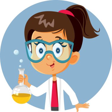Fen dersinde kimyasal deney şişesi tutan öğrenci kız.