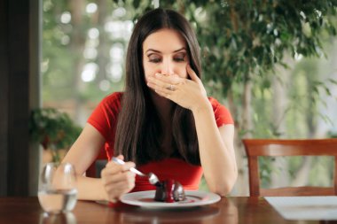 Woman Feeling Sick From Eating Chocolate Cake clipart