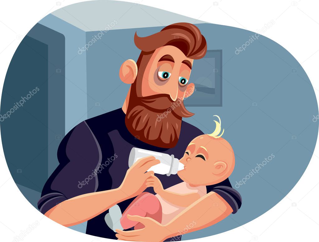 Tired Father Night Feeding Baby with Bottle