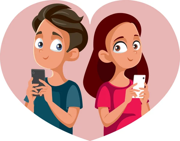 Teen Couple Texting Each Other Vector Cartoon — стоковый вектор