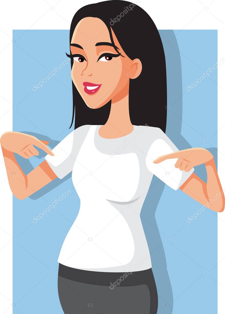 Female Promoter Pointing to a Blank White Shirt