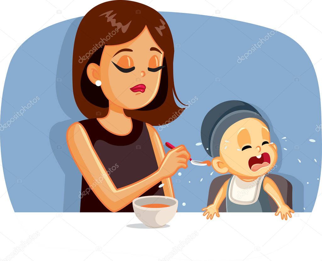 Crying Baby Refusing to Eat Vector Illustration