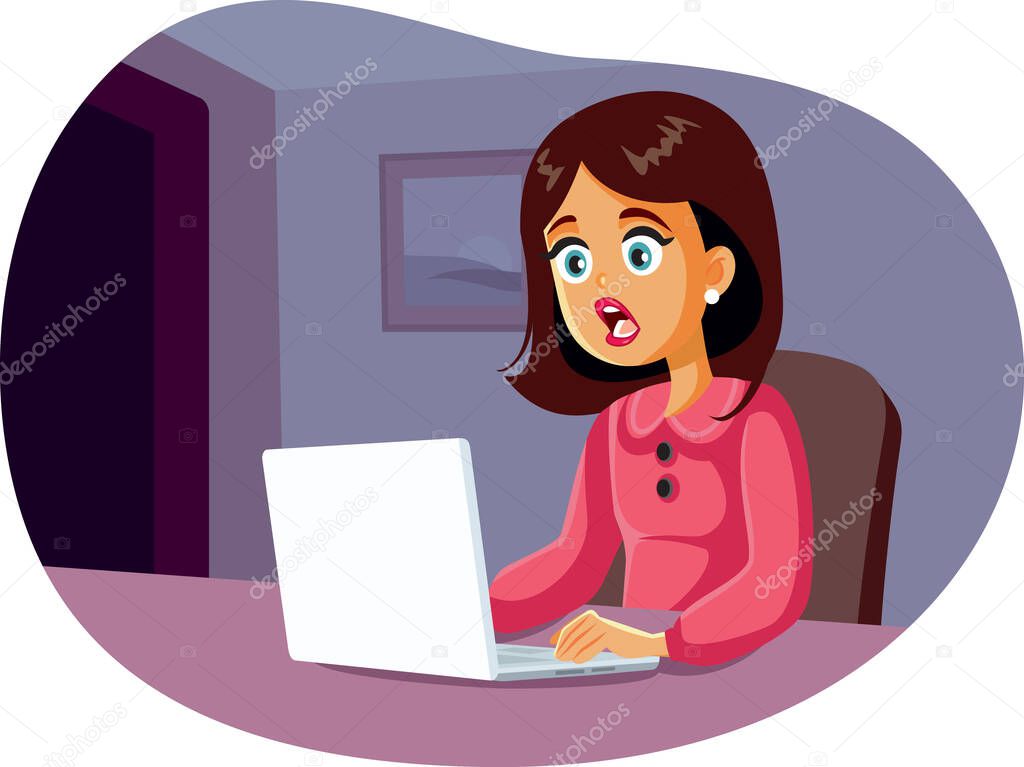 Scared Woman Looking at Laptop Computer Screen
