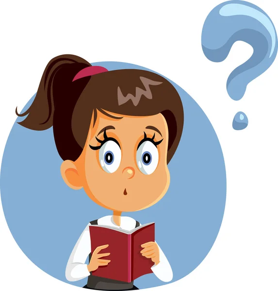 Student Girl Holding Book Having Questions — Stock Vector