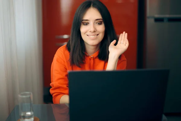 Woman Waving Her Hand Video Conference Call — Stock Photo, Image