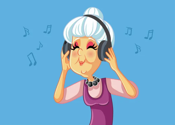 Happy Senior Woman Écouter Musique Sur Écouteurs — Image vectorielle