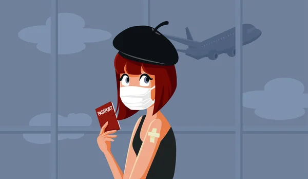 Turista Feminina Vestindo Uma Máscara Segurando Seu Passaporte — Vetor de Stock