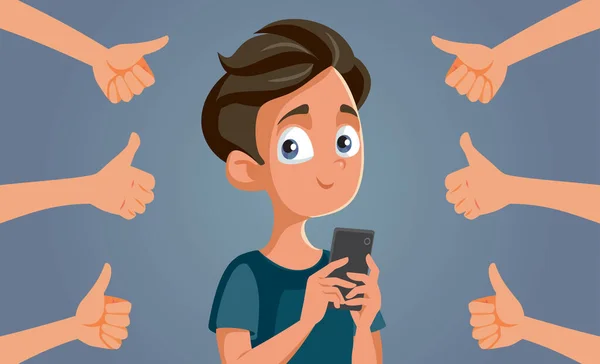 Gelukkige Tiener Jongen Ontvangen Waardering Sociale Media — Stockvector