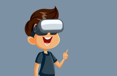 VR gözlüklü neşeli çocuk eğleniyor.