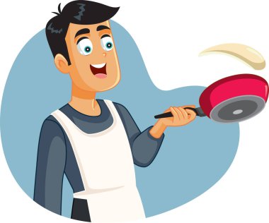 Happy Man Flipping Pancakes Making Breakfast
