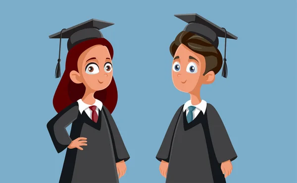 Happy Students Wearing Academic Gowns Graduation Caps — Stock Vector