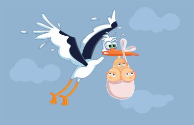Funny Exhausted Stork Carrying Triplets Vector Cartoon clipart