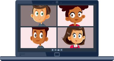 Video Konferansında Çevrimiçi Okula Katılan Çocuk Öğrenciler
