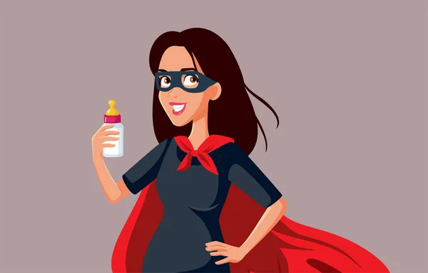 Superhero Mom Holding Baby Bottle Vector Cartoon - Stok Vektor