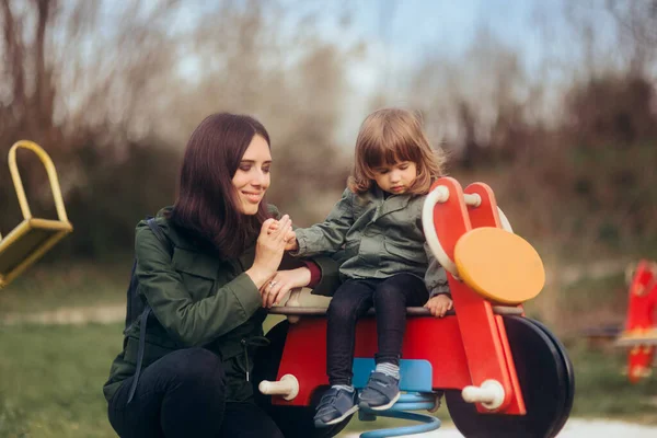 Child Having Fun Playground Supervised Careful Mom — 스톡 사진