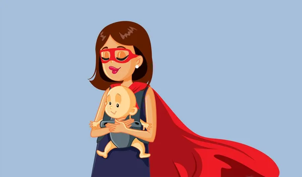 Superheld Moeder Houden Baby Drager Vector Illustratie — Stockvector