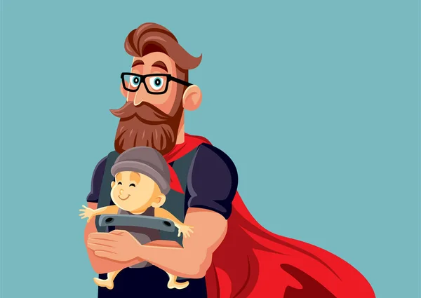 Superhero Dad Holding Baby Carrier Vector Illustration — Stock Vector