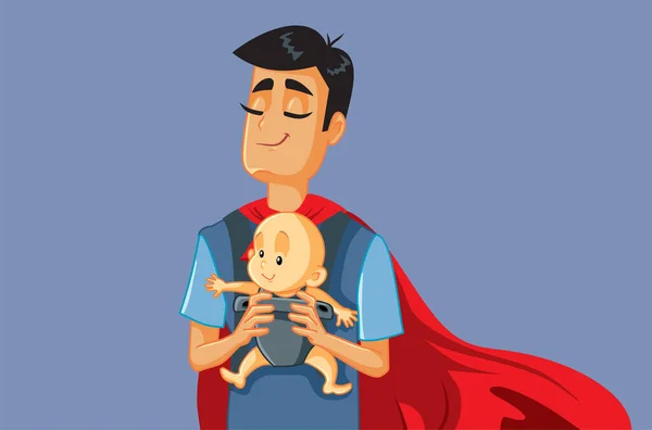 Superhrdina Otec Drží Dítě Nosiči Vektorové Ilustrace — Stockový vektor
