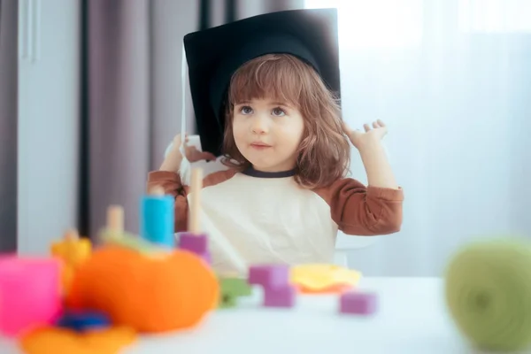 Funny Toddler Girl Wearing Graduation Cap Kindergarten — Stok Foto