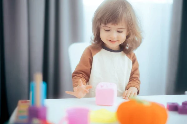 Happy Child Sitting Table Playing Plasticine — Stok Foto