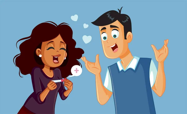 Pareja Emocionada Por Ilustración Positiva Del Vector Prueba Embarazo — Vector de stock